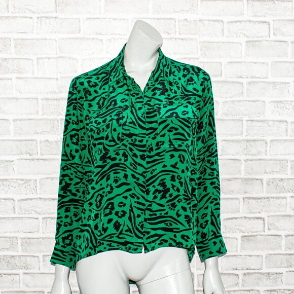 AMANDA UPRICHARD 100% Silk Button up Shirt Green Black Print Sz Small - Picture 1 of 8